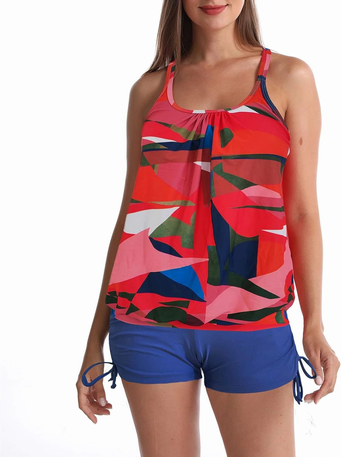 Women Swimsuits Tankini Two Piece Blouson Halter Tankini Swimsuits with Boyshorts Athletic Sporty Tankini Set