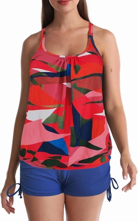 Women Swimsuits Tankini Two Piece Blouson Halter Tankini Swimsuits with Boyshorts Athletic Sporty Tankini Set