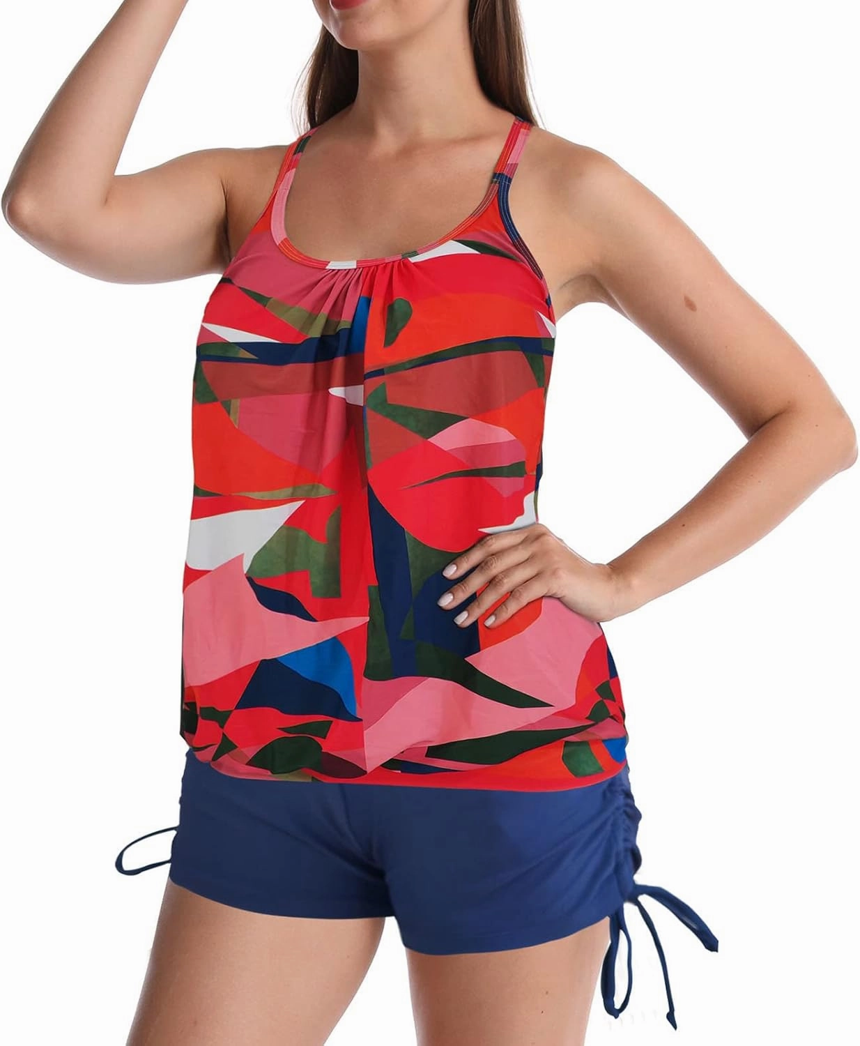Women Swimsuits Tankini Two Piece Blouson Halter Tankini Swimsuits with Boyshorts Athletic Sporty Tankini Set