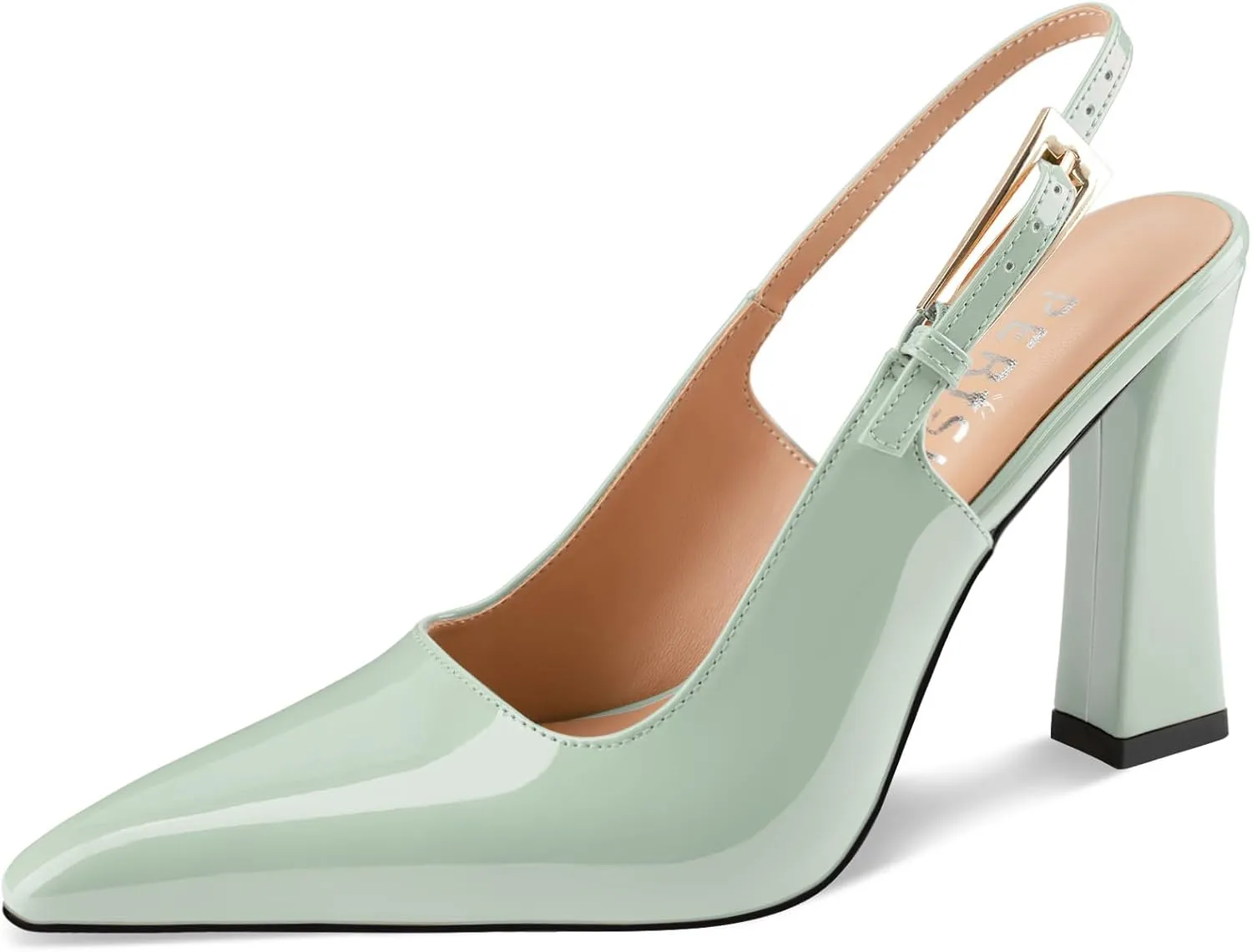 Women's Block high Heels Slingback, Pointed Closed Toe Ankle Strap Fashioned Patent Leather Pumps Shoes.
