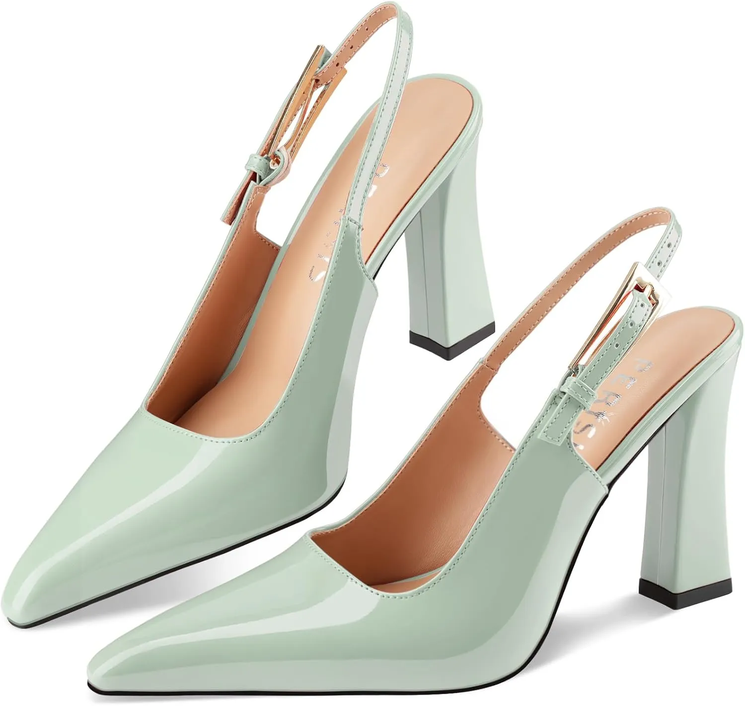 Women's Block high Heels Slingback, Pointed Closed Toe Ankle Strap Fashioned Patent Leather Pumps Shoes.
