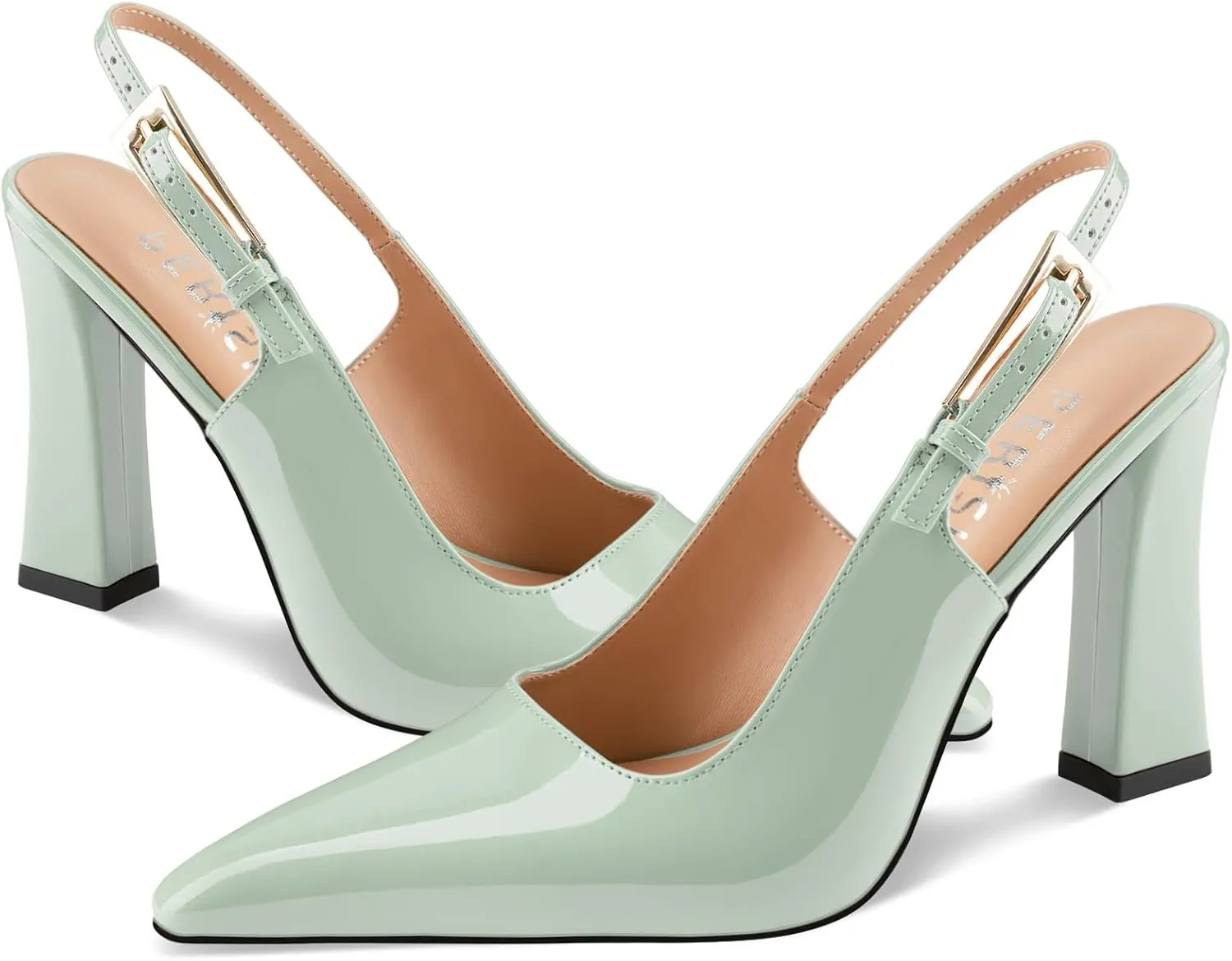 Women's Block high Heels Slingback, Pointed Closed Toe Ankle Strap Fashioned Patent Leather Pumps Shoes.