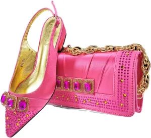 Women’S Color Block Design Heels and Rhinestone Party Bag Set for Evening Wear Pumps