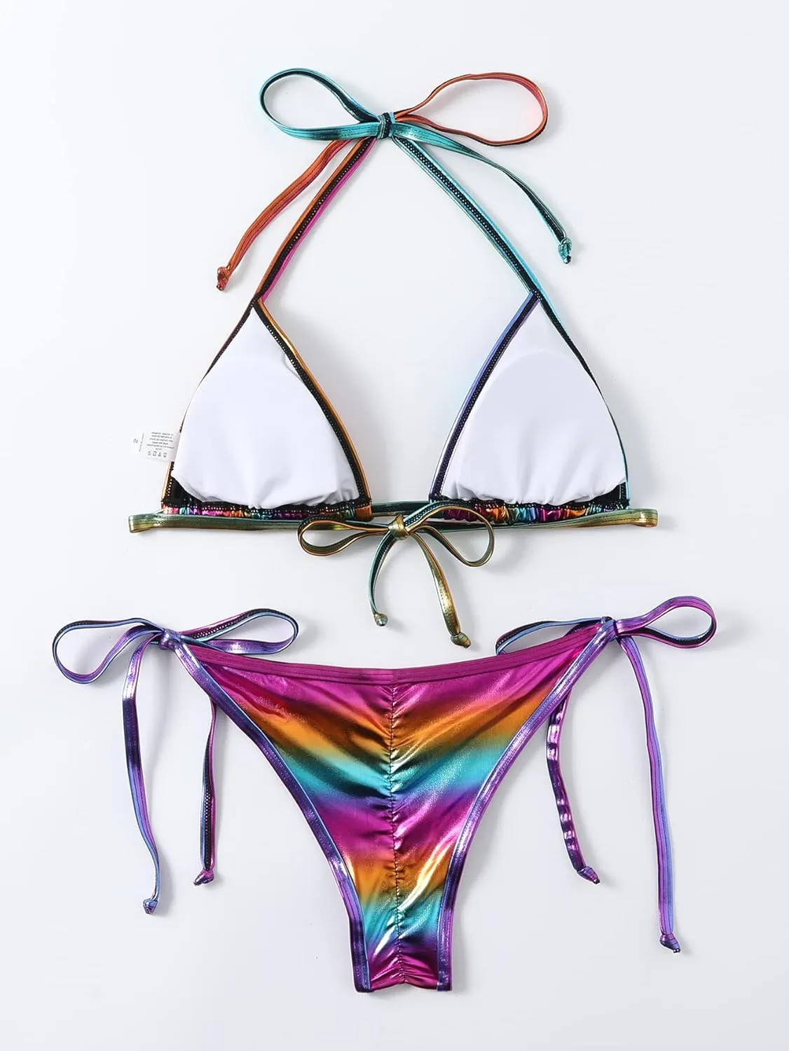 Women's Liquid Metallic Rainbow Bikini Sets Shiny String Padded Triangle 2 Pieces Swimsuit Set