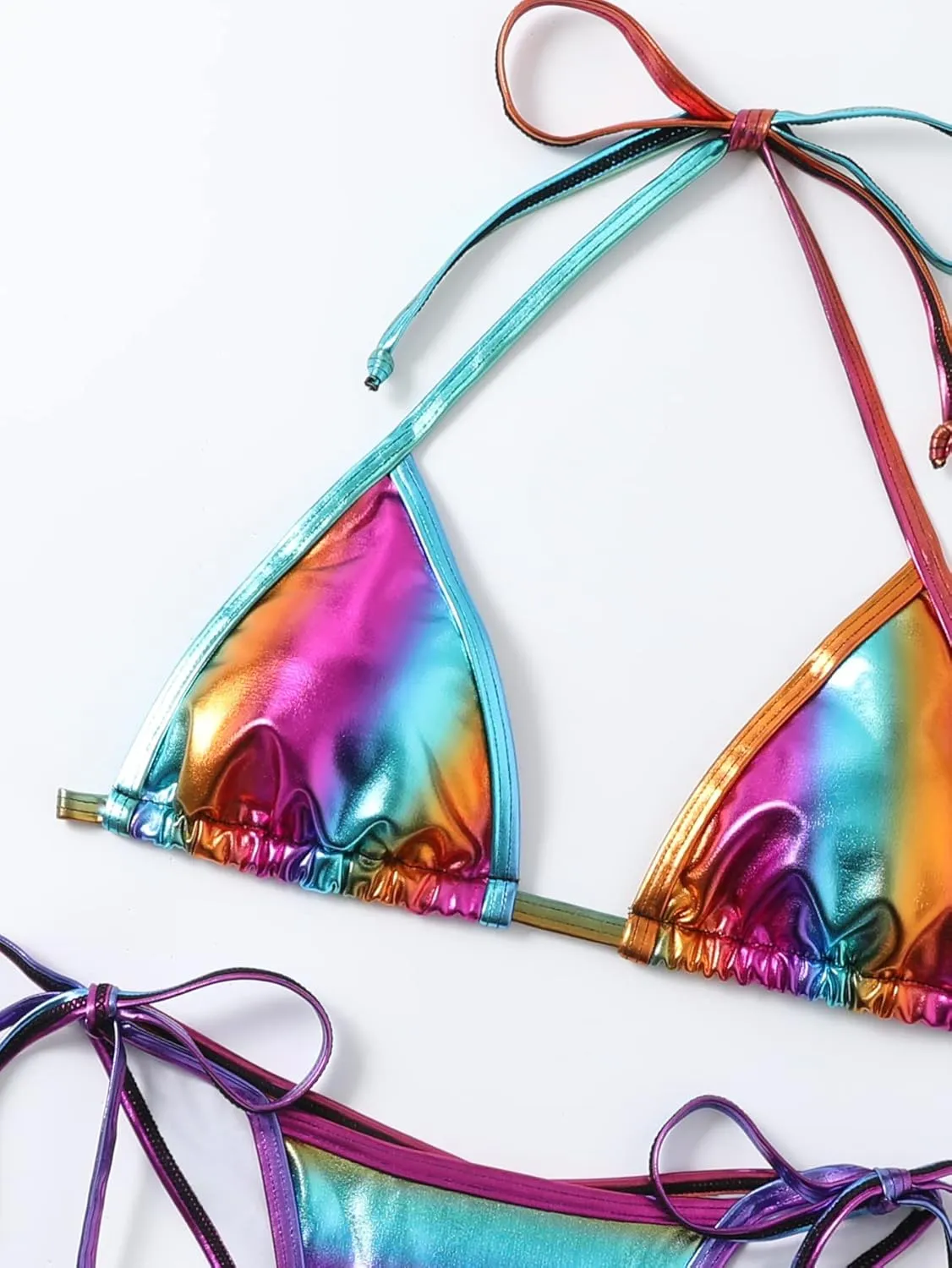 Women's Liquid Metallic Rainbow Bikini Sets Shiny String Padded Triangle 2 Pieces Swimsuit Set