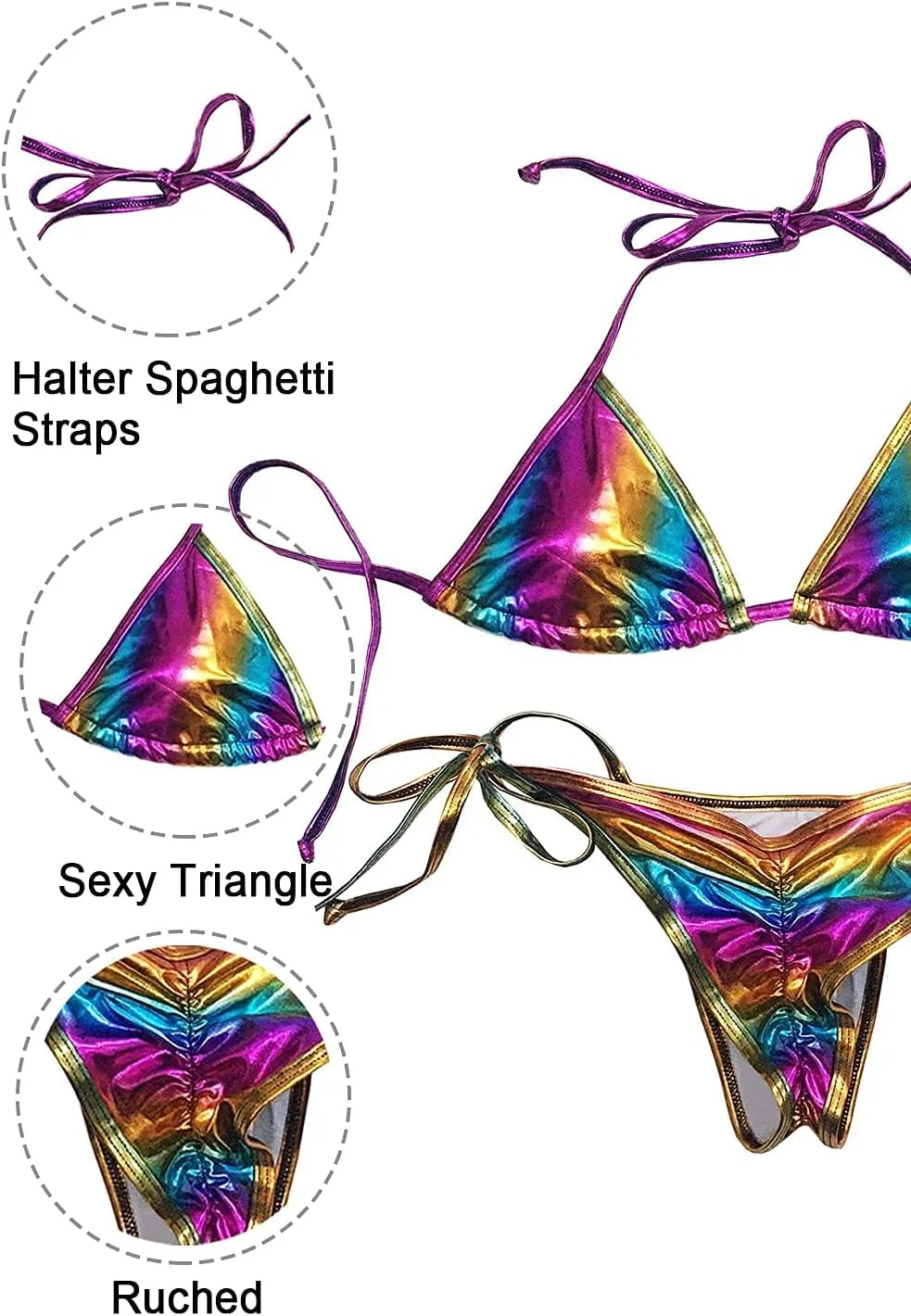 Women's Liquid Metallic Rainbow Bikini Sets Shiny String Padded Triangle 2 Pieces Swimsuit Set