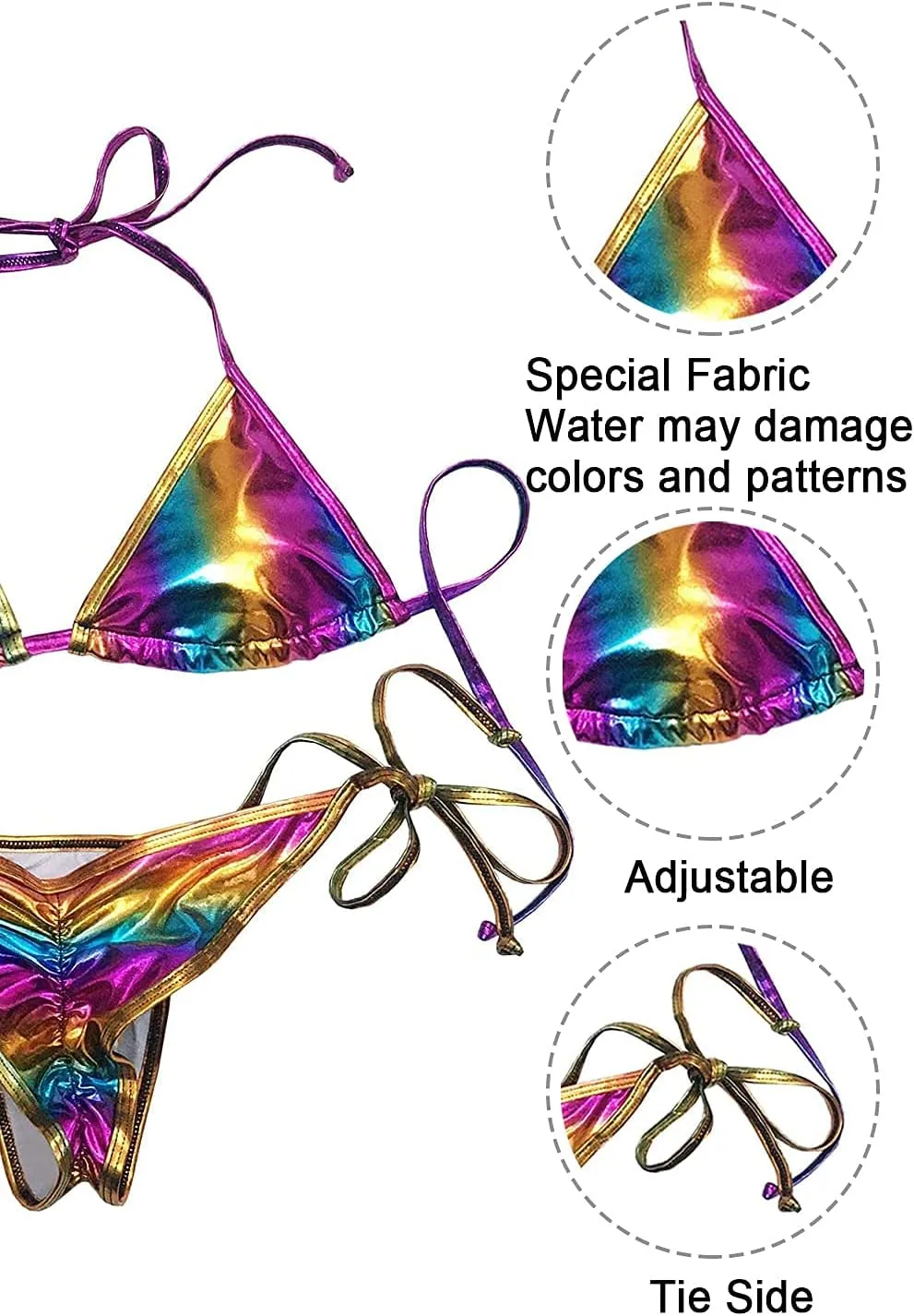 Women's Liquid Metallic Rainbow Bikini Sets Shiny String Padded Triangle 2 Pieces Swimsuit Set