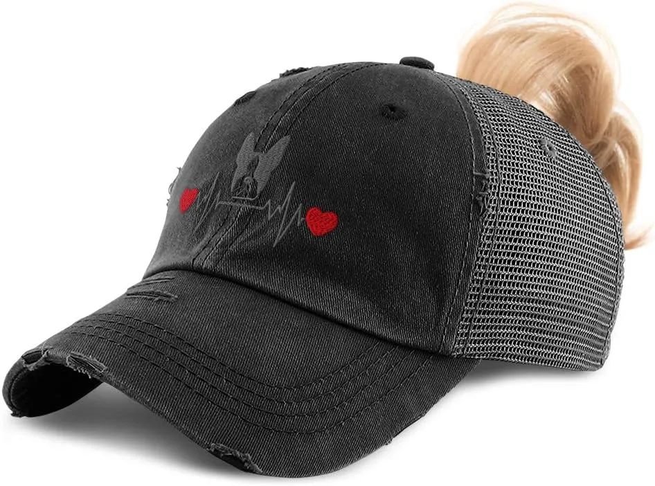 Womens Ponytail Cap Dog Boston Terrier Lifeline Embroidery Cotton Strap Closure