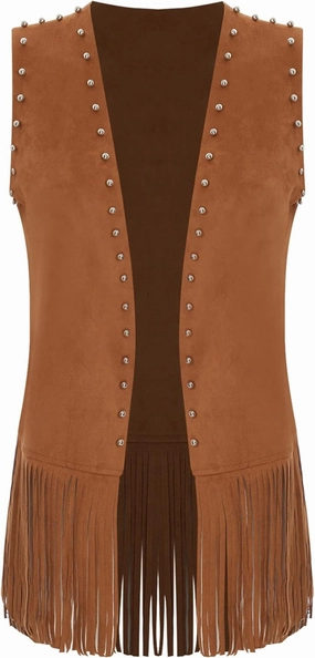 Womens Tassel Vest Western Wear Faux Suede Rivets Sleeveless Fringe Jacket Cowgirl Tops