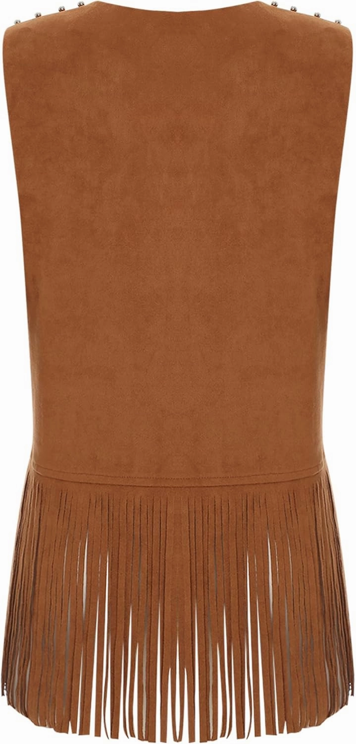 Womens Tassel Vest Western Wear Faux Suede Rivets Sleeveless Fringe Jacket Cowgirl Tops