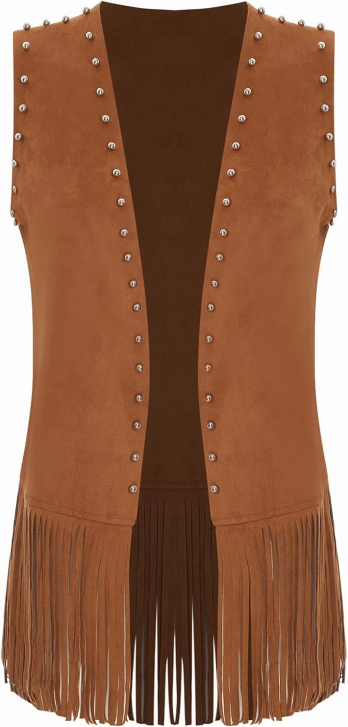 Womens Tassel Vest Western Wear Faux Suede Rivets Sleeveless Fringe Jacket Cowgirl Tops