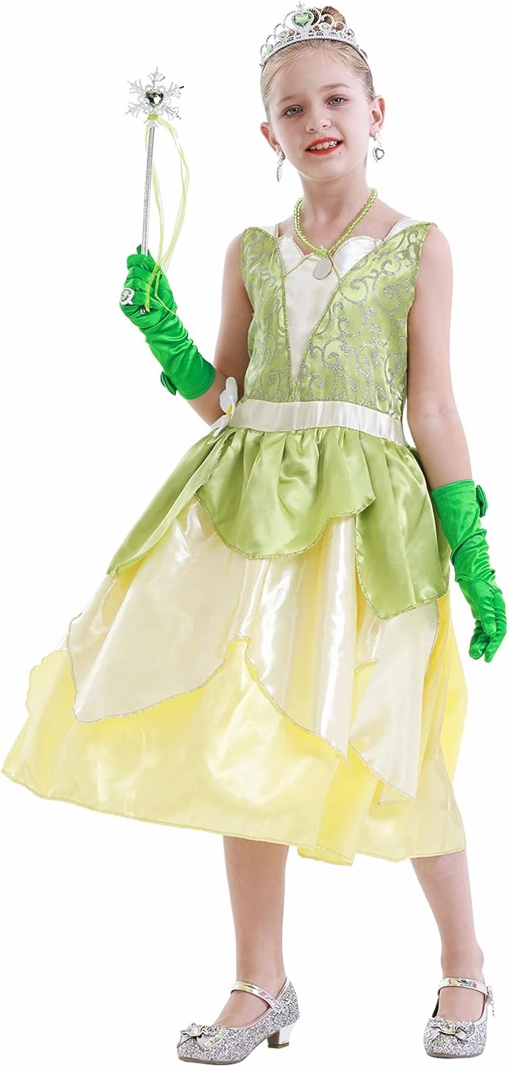 WonderBabe Little Girls Green Frog Princess Dress Kids Christmas Birthday Party Cosplay Outfits Gift with Accessories