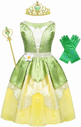 WonderBabe Little Girls Green Frog Princess Dress Kids Christmas Birthday Party Cosplay Outfits Gift with Accessories