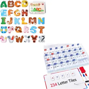 Wooden Thick Alphabet Magnets Classroom Magnetic Letter Tiles for Phonics and Spelling-JoyCat 234 Foam Alphabet Tiles Magnetic Letters with Double-Side Magnet Board and Compartment Storage Case