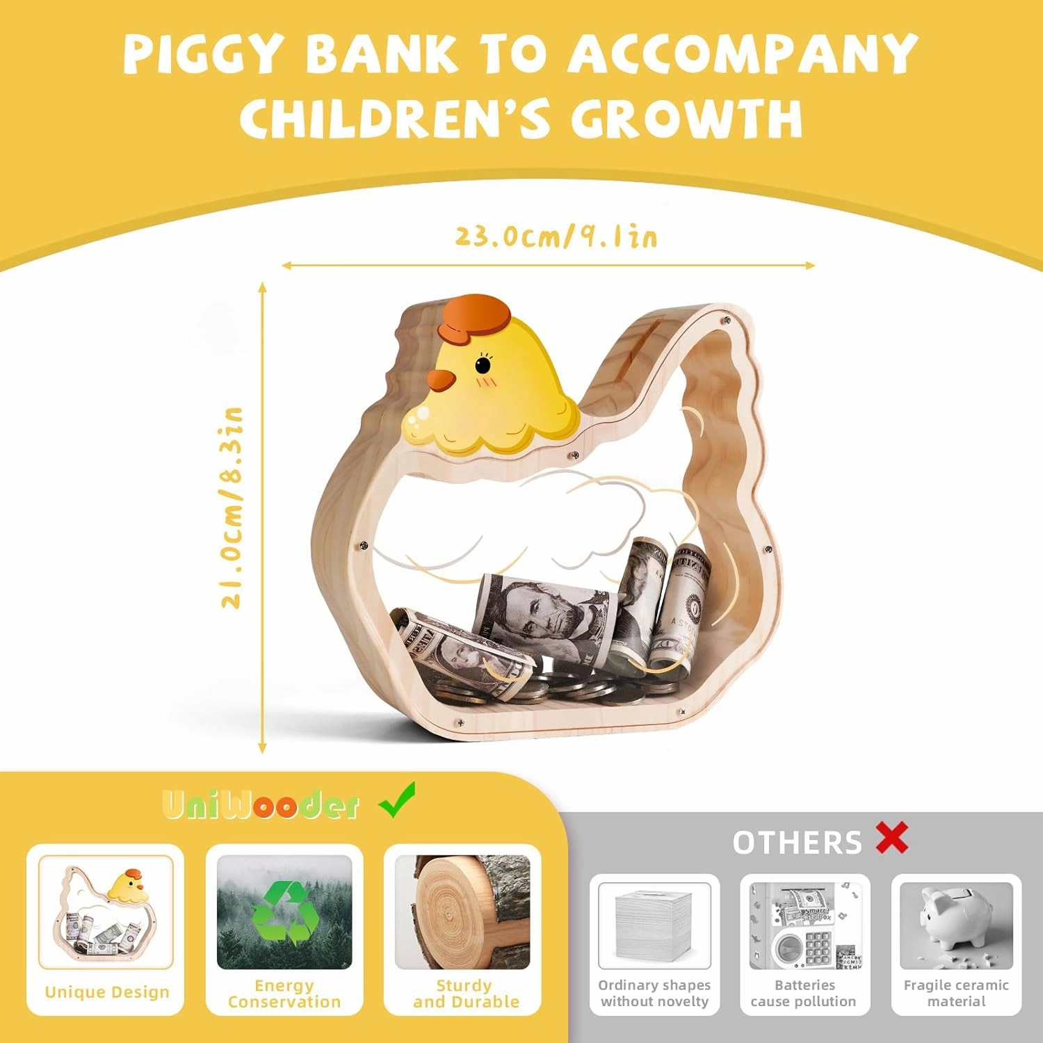 Wooden Chicken Piggy Banks for Kids, Unbreakable Pullet Coin Chicken Bank for Kids with Letter Sticker, Wooden Cashbox Money Jar Personalizable Gift, Educatinal Toy for Boys, Girls