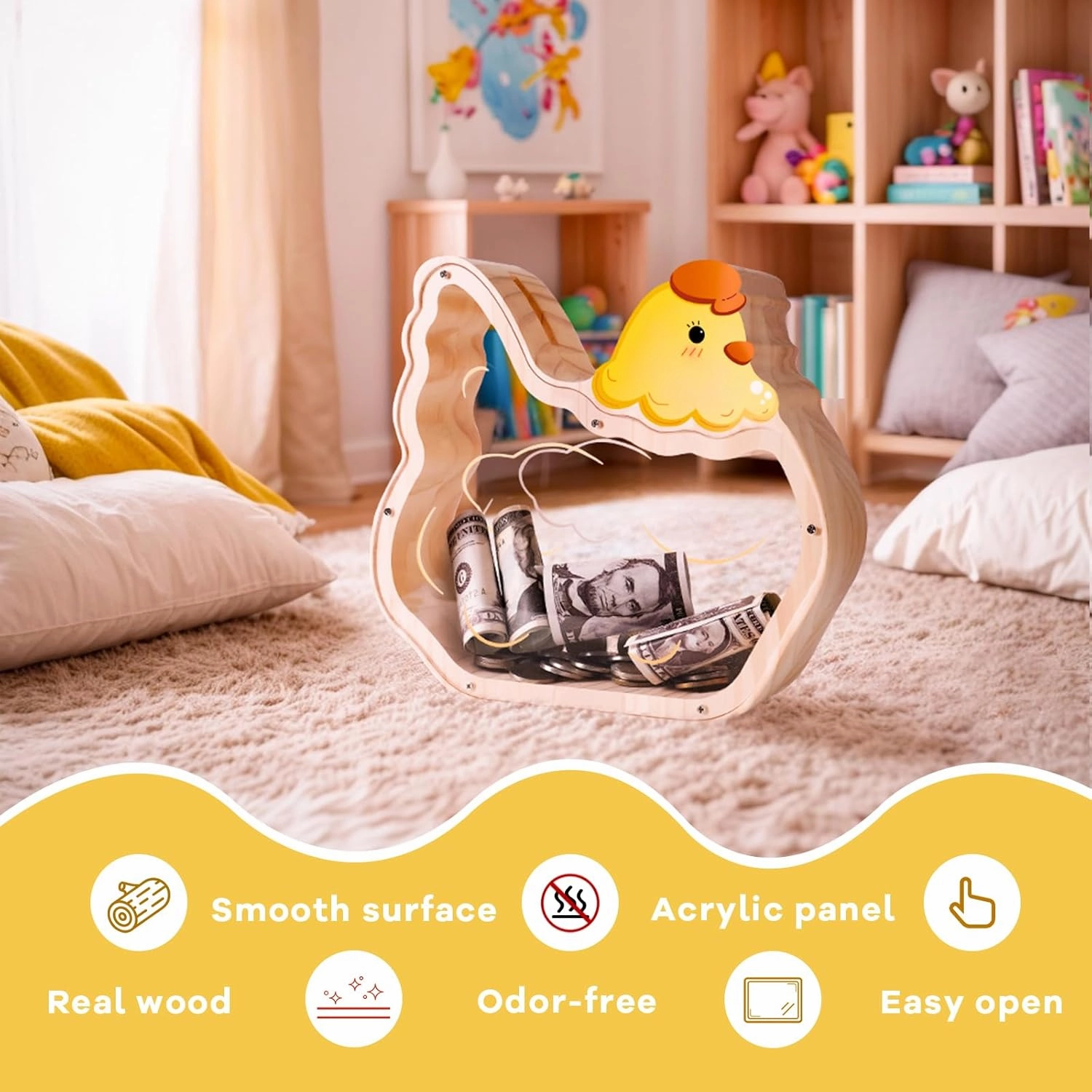 Wooden Chicken Piggy Banks for Kids, Unbreakable Pullet Coin Chicken Bank for Kids with Letter Sticker, Wooden Cashbox Money Jar Personalizable Gift, Educatinal Toy for Boys, Girls