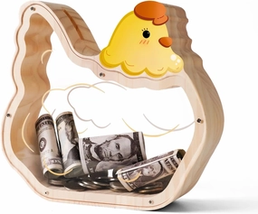 Wooden Chicken Piggy Banks for Kids, Unbreakable Pullet Coin Chicken Bank for Kids with Letter Sticker, Wooden Cashbox Money Jar Personalizable Gift, Educatinal Toy for Boys, Girls