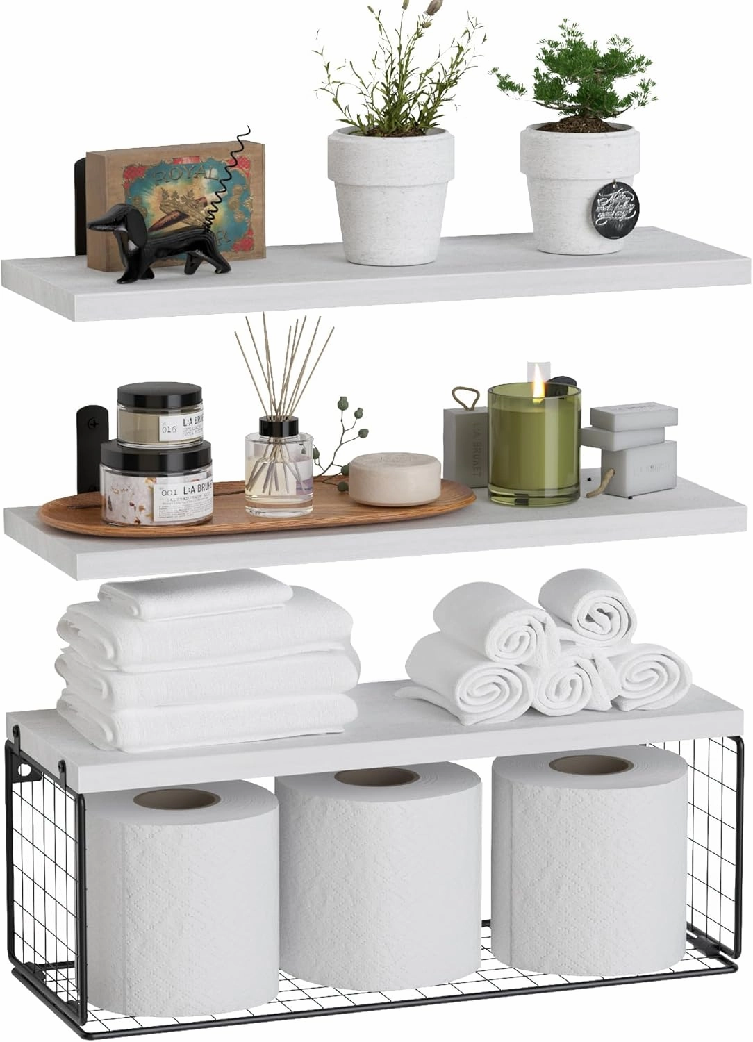 WOPITUES Bathroom Shelf Over Toilet, Floating Bathroom Shelf Wall Mounted with Wire Basket, Floating Shelf for Wall Décor-Modern White