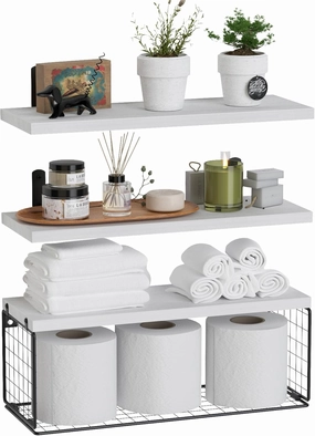 WOPITUES Bathroom Shelf Over Toilet, Floating Bathroom Shelf Wall Mounted with Wire Basket, Floating Shelf for Wall Décor-Modern White
