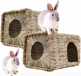 WUWEOT 2 Pack Large Grass Bunny House, Foldable Woven Animal Hut, Play Hideaway Bed Hay Mat Chew Toy for Rabbit, Guinea Pigs, Gerbils, Hamster and Small Animals, 11"x8"x8"