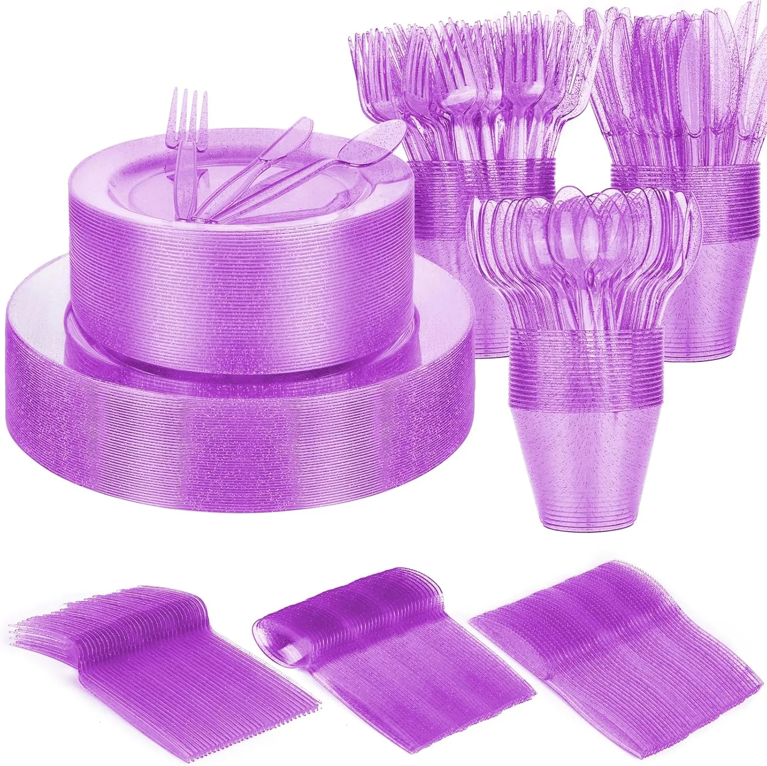 WYTAOHZL 240PCS Purple Glitter Dinnerware Set 40Guest Disposable Purple Glitter Dinnerware 10.2"Dinner Plates 7.5"Salad Plates with 40PCS 9 oz Plastic Cups 40Guest Plastic Forks Knives Spoons