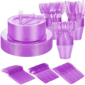 WYTAOHZL 240PCS Purple Glitter Dinnerware Set 40Guest Disposable Purple Glitter Dinnerware 10.2"Dinner Plates 7.5"Salad Plates with 40PCS 9 oz Plastic Cups 40Guest Plastic Forks Knives Spoons