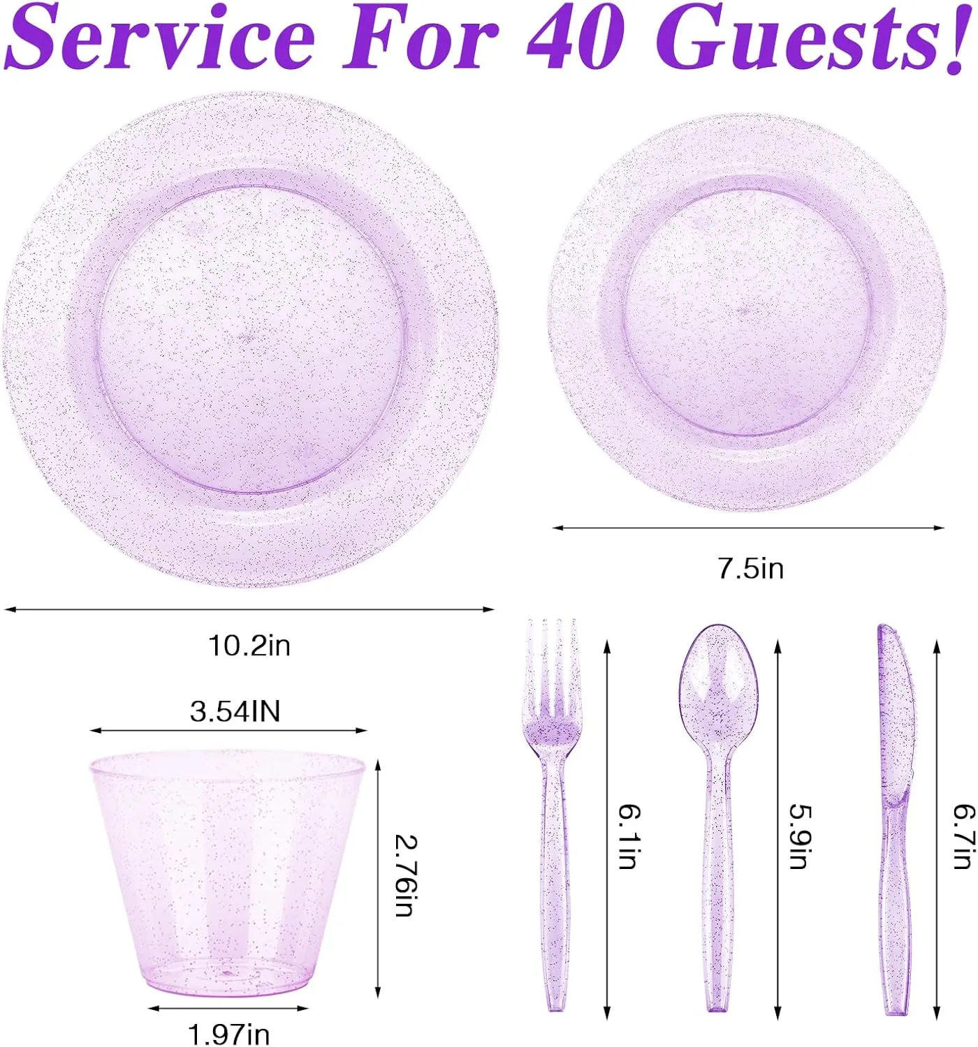 WYTAOHZL 240PCS Purple Glitter Dinnerware Set 40Guest Disposable Purple Glitter Dinnerware 10.2"Dinner Plates 7.5"Salad Plates with 40PCS 9 oz Plastic Cups 40Guest Plastic Forks Knives Spoons