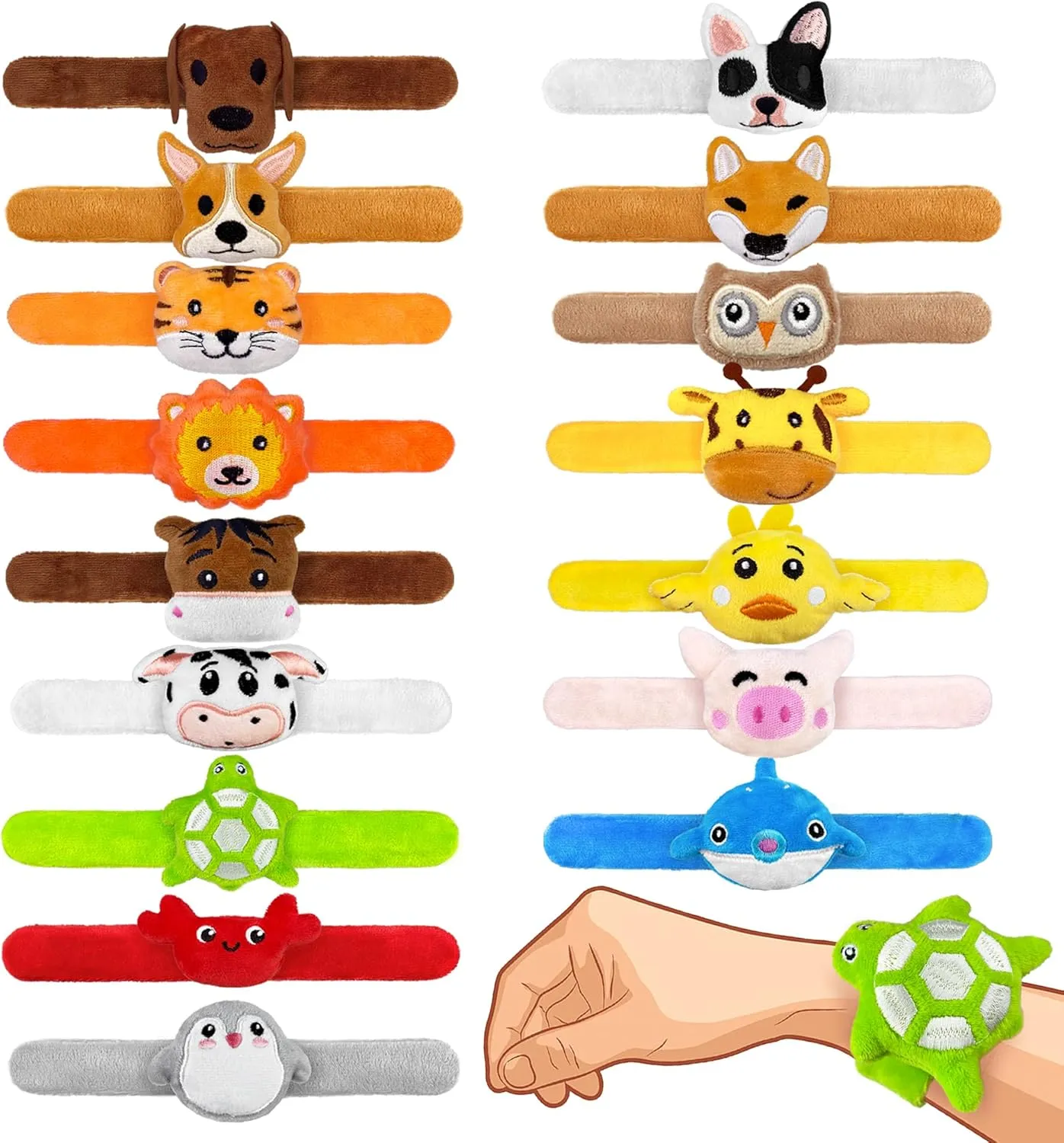 XIPEGPA 16 PCS Stuffed Animal Slap Bracelets Set Animal Farm Ocean and Jungle Plush Slap Bracelets Cute Wrist Band Toy for Party Favors 16 Styles