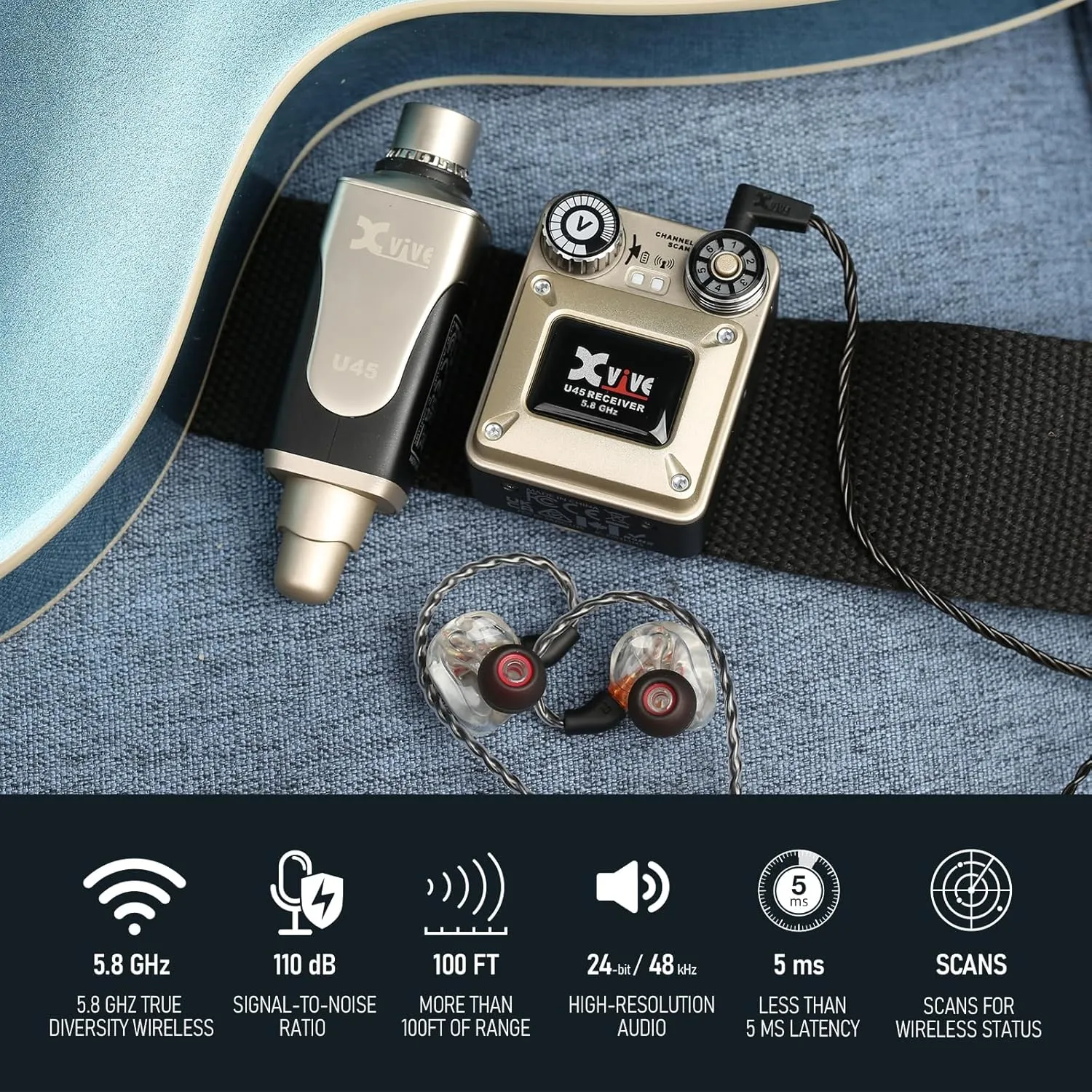 Xvive U45 Wireless in Ear Monitor System 5.8ghz IEM System Transmitter and bodypack Receiver for Studio, Band Rehearsal, Live Performance, Channel Scan Mode