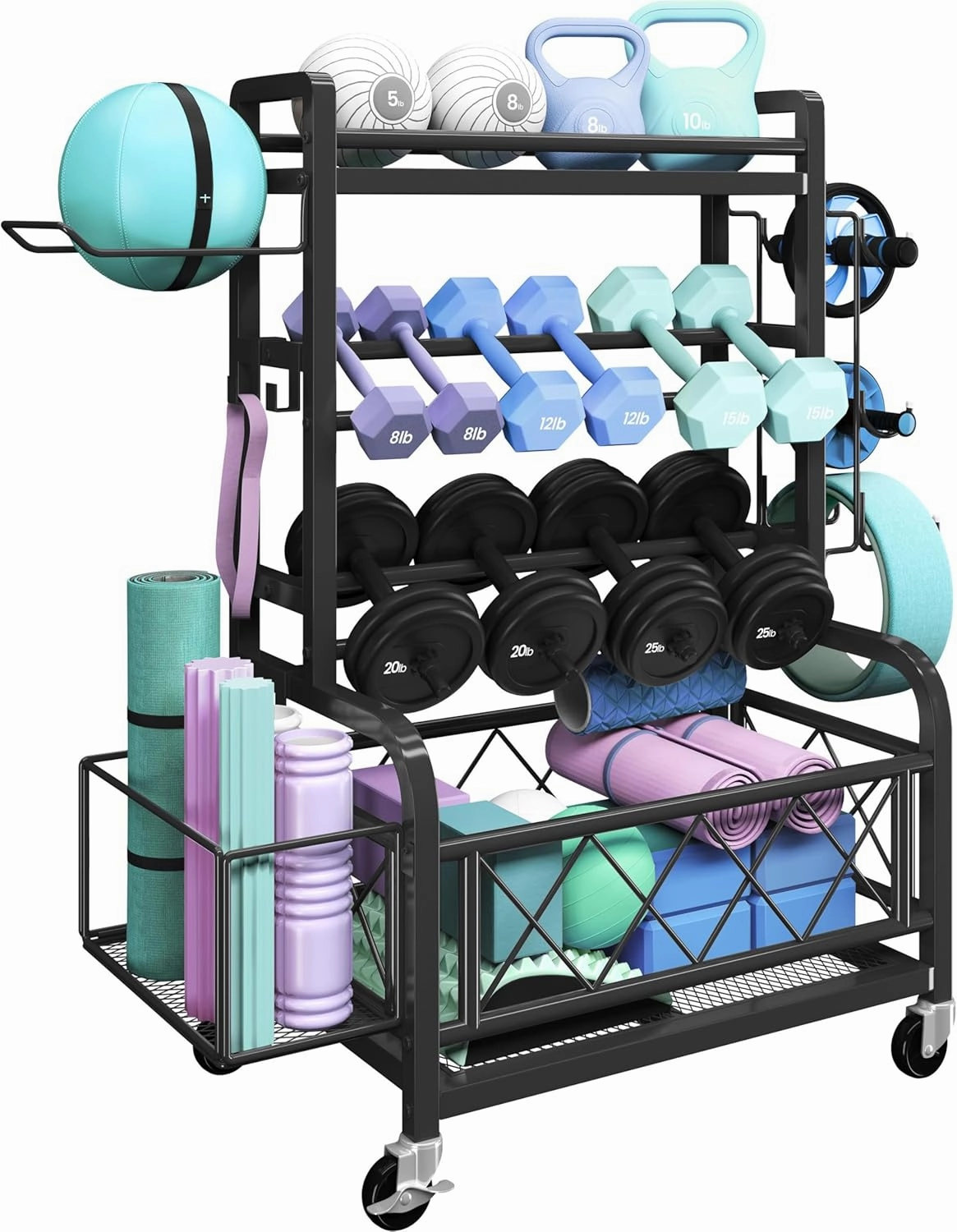 Yaheetech Dumbbell Rack Yoga Mat Storage Rack Home Gym Workout Equipment Rack Stand w/Hooks & Wheels for Dumbbells, Kettlebells, Yoga Ball, Max Load 400lb