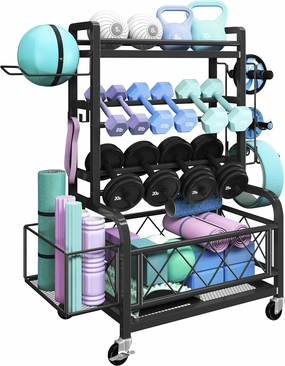 Yaheetech Dumbbell Rack Yoga Mat Storage Rack Home Gym Workout Equipment Rack Stand w/Hooks & Wheels for Dumbbells, Kettlebells, Yoga Ball, Max Load 400lb