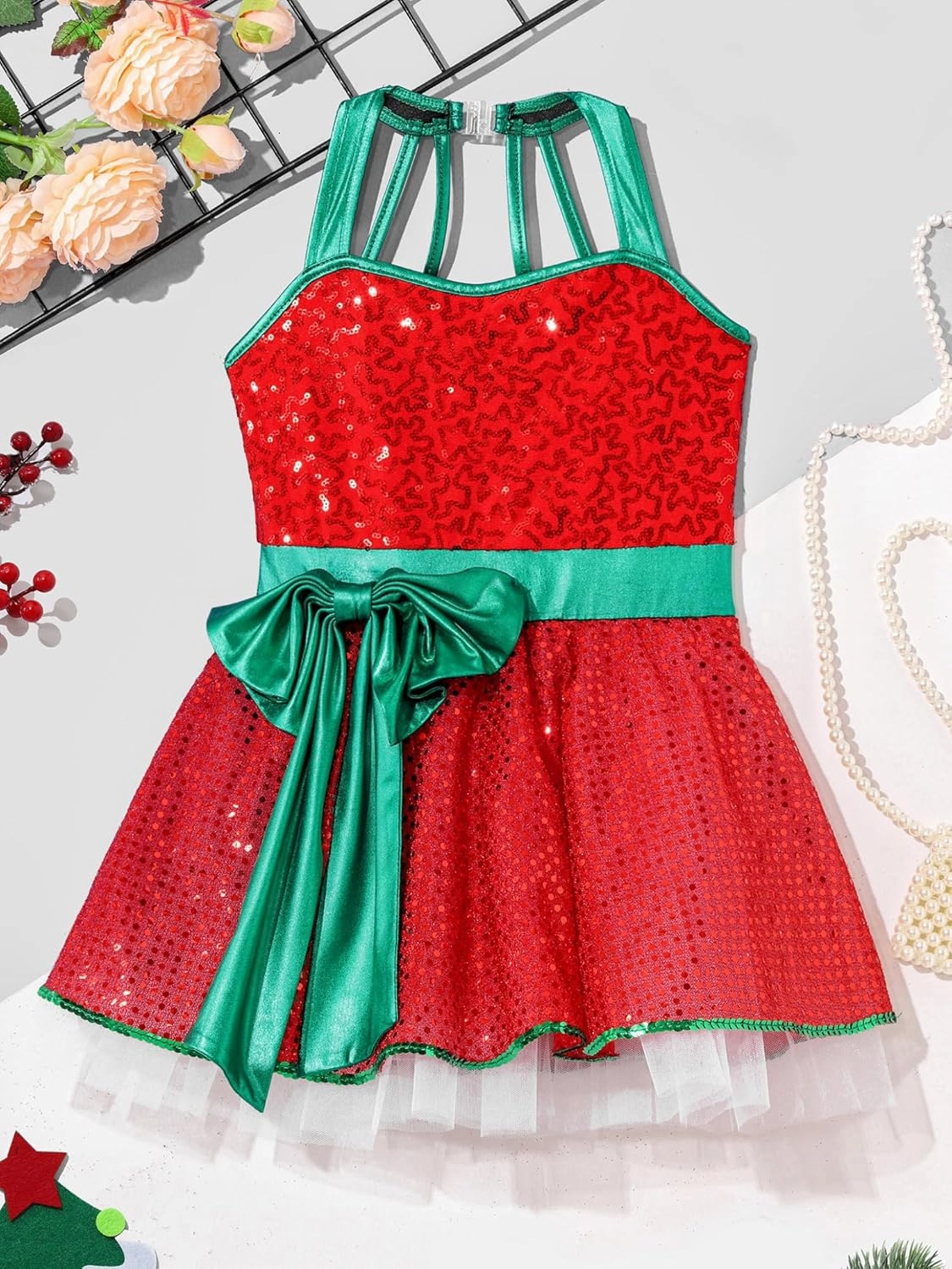 Yartina Kids Girls Sequins Sleeveless Tutu Dress Christmas Dance Costume Figure Ice Skating Outfits