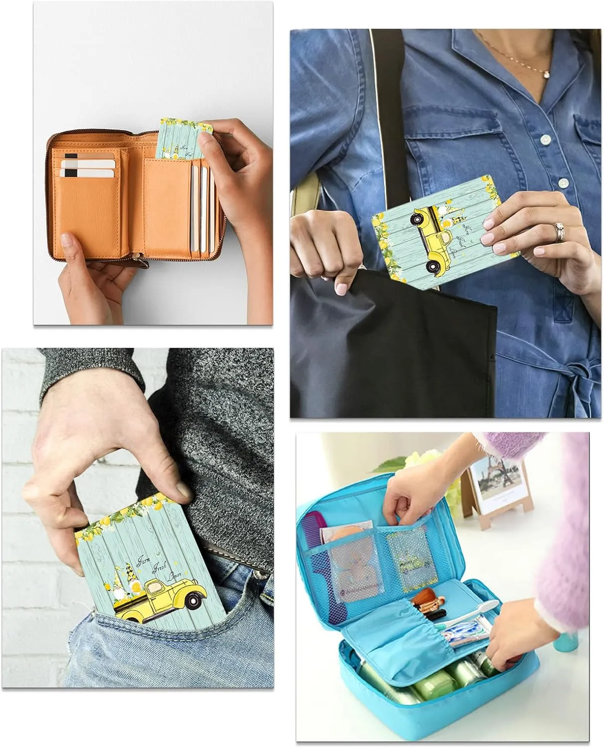 Yellow Rustic Lemon Gnomes Small Compact Mirror for Purse, Rustic Green Wood Board Stripes Travel Makeup Mirror for Women Men, Rectangular Handheld Compact Pocket Mirror 1 PCS
