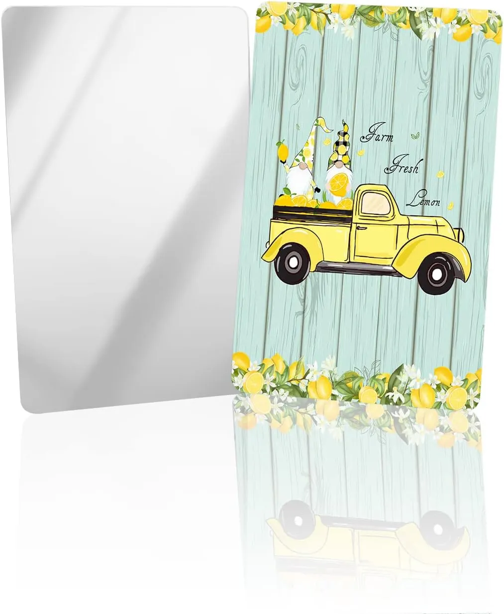Yellow Rustic Lemon Gnomes Small Compact Mirror for Purse, Rustic Green Wood Board Stripes Travel Makeup Mirror for Women Men, Rectangular Handheld Compact Pocket Mirror 1 PCS
