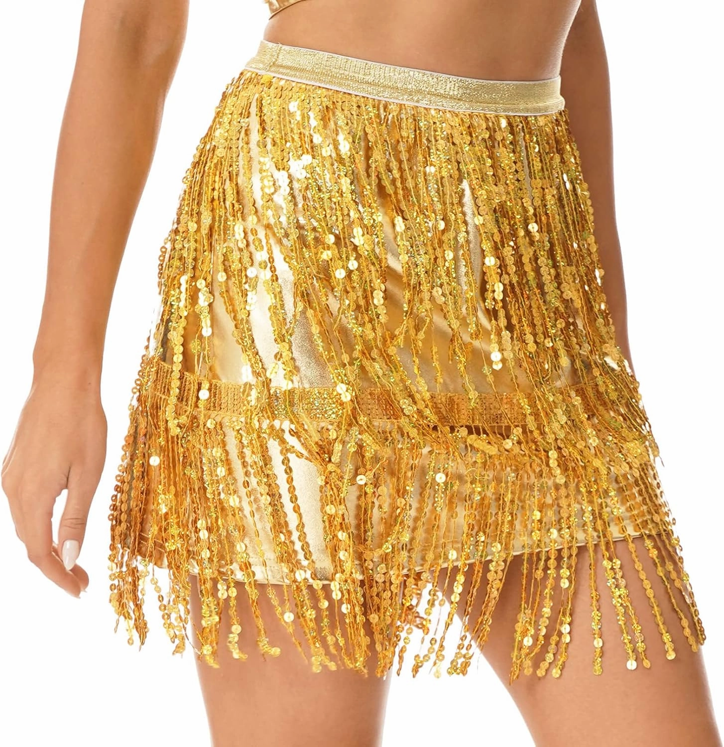 YiZYiF Women's Sequin Tassel Tiered Latin Dance Practice Skirt Tango Ballroom Samba Salsa Dancewear