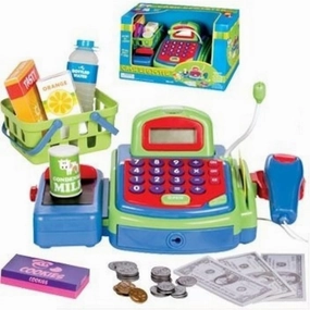 YMCtoys Pretend Play Electronic Cash Register Toy Realistic Actions & Sounds Green/Blue/Red