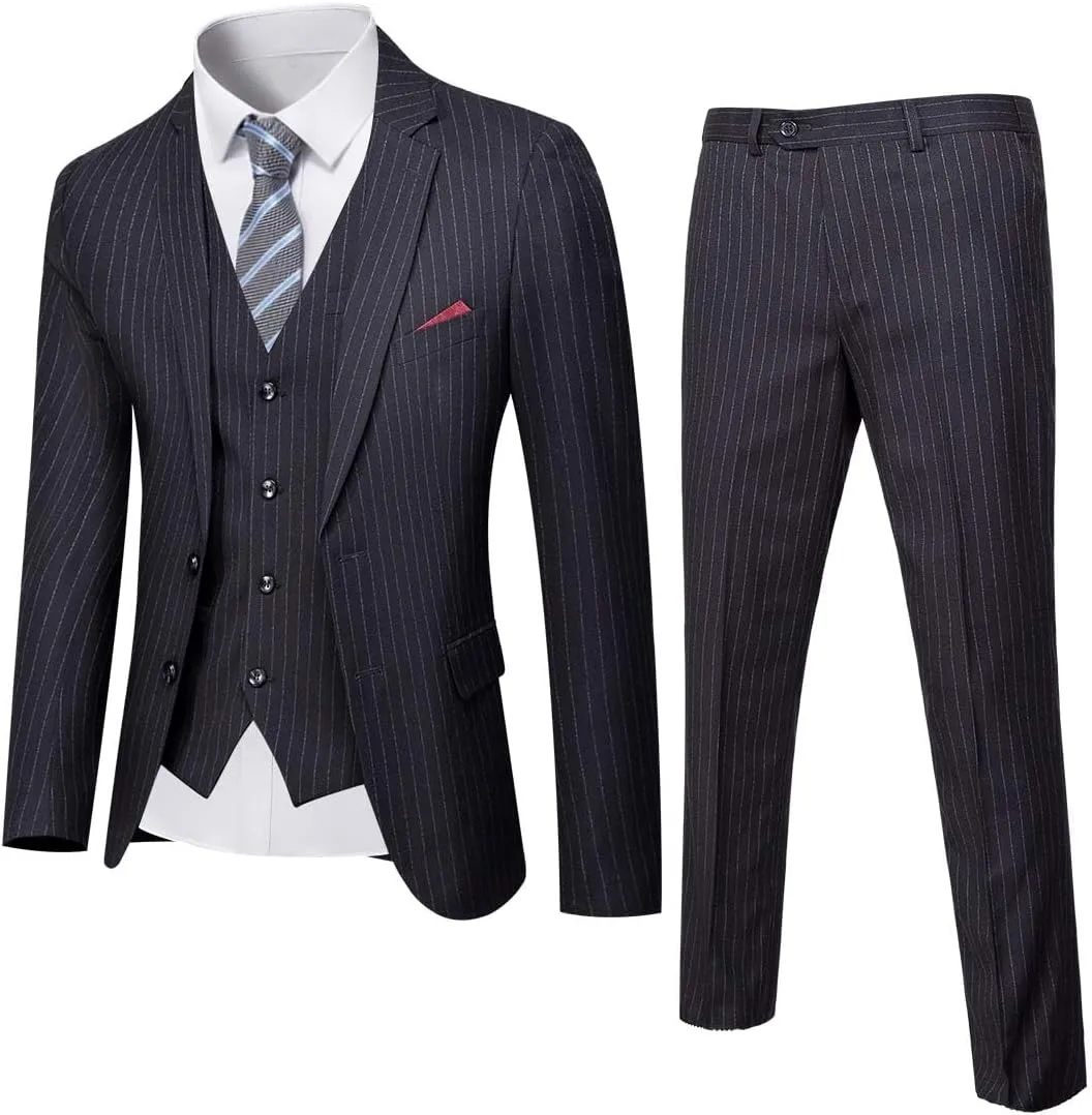 YND Men's Slim Fit 2 Button 3 Piece Suit Set, Solid Blazer Jacket Vest Pants & Tie