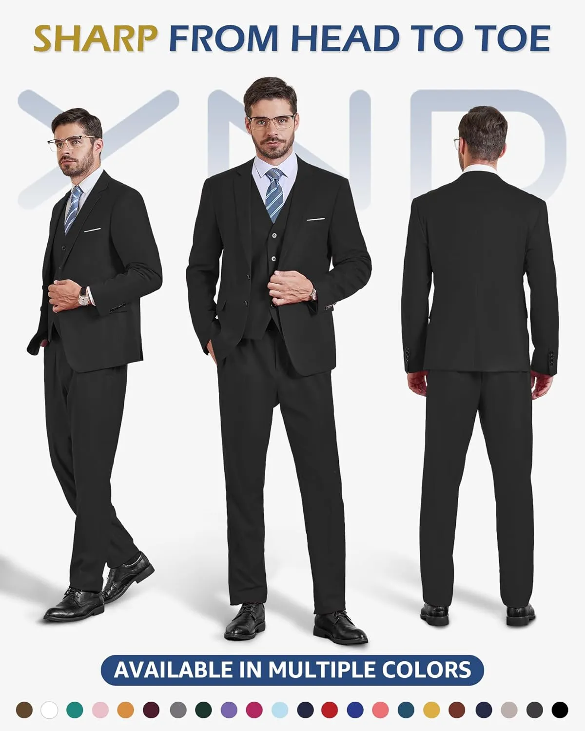 YND Men's Slim Fit 2 Button 3 Piece Suit Set, Solid Blazer Jacket Vest Pants & Tie