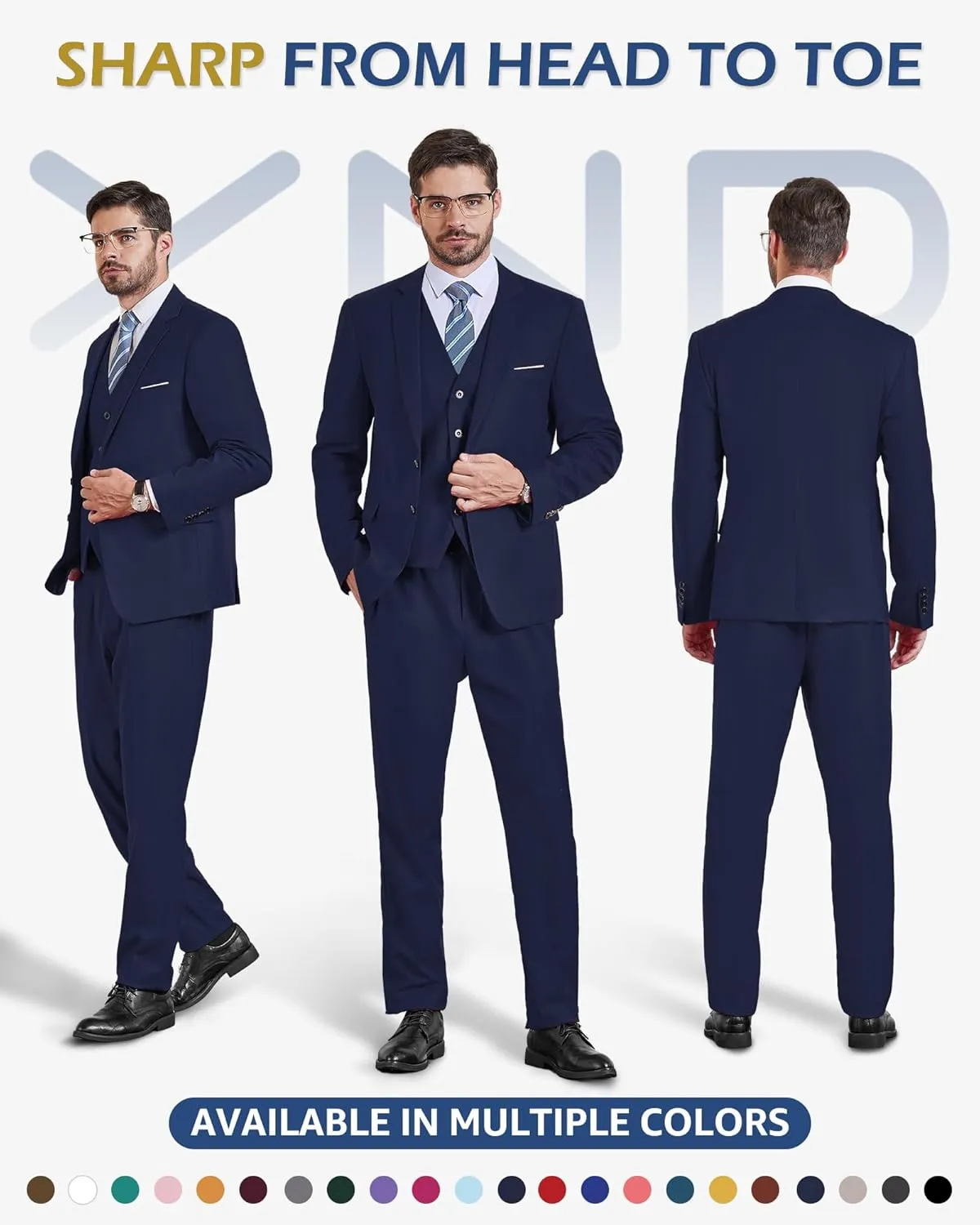 YND Men's Slim Fit 2 Button 3 Piece Suit Set, Solid Blazer Jacket Vest Pants & Tie