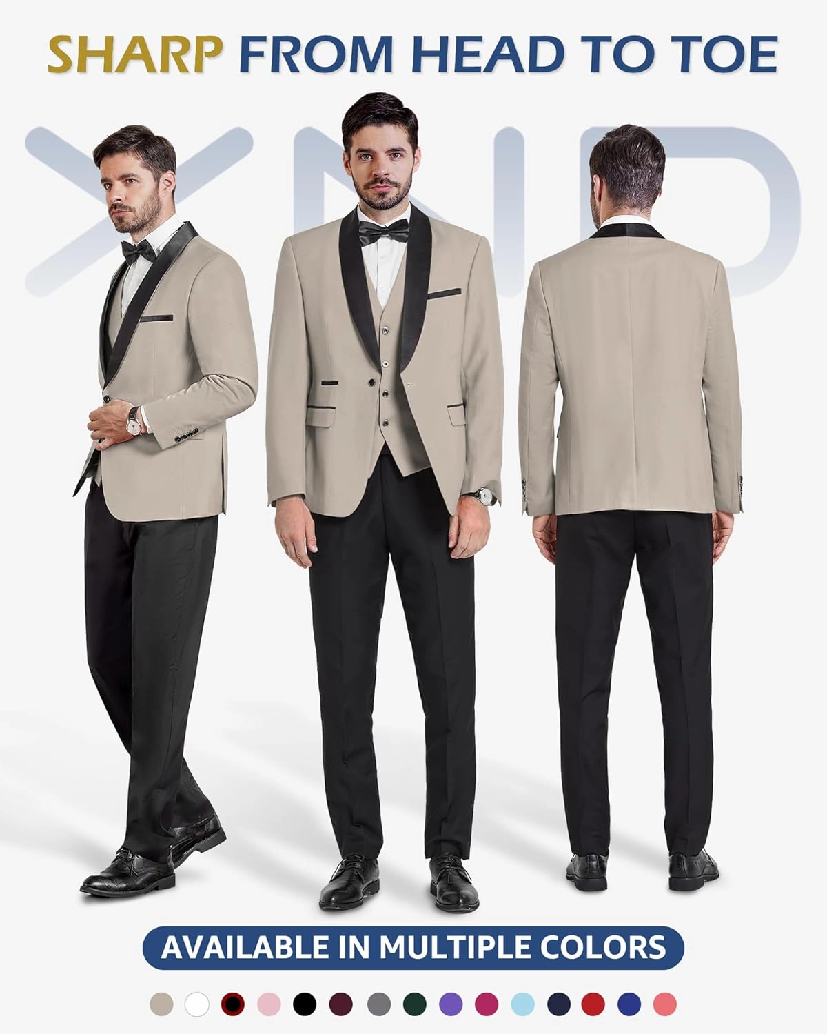 YND Men's 3 Piece Slim Fit Tuxedo Set, One Button Shawl Collar Solid Jacket Vest Pants with Bow Tie