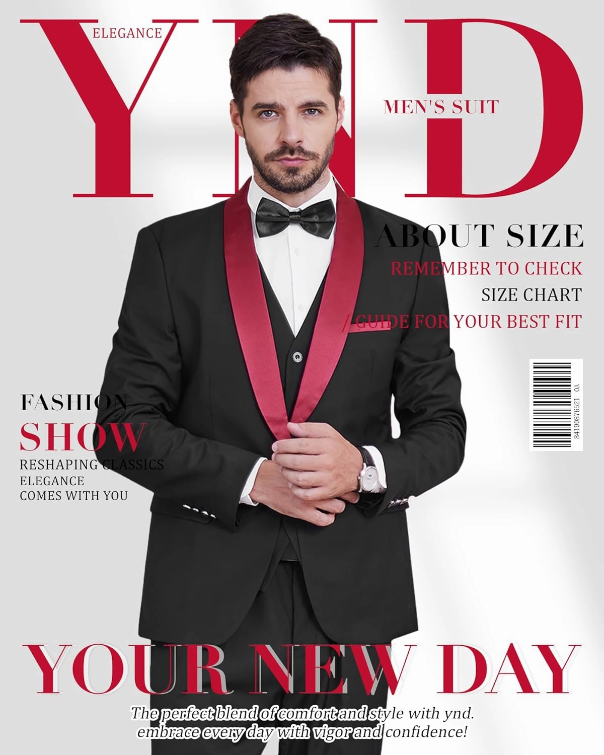 YND Men's 3 Piece Slim Fit Tuxedo Set, One Button Shawl Collar Solid Jacket Vest Pants with Bow Tie