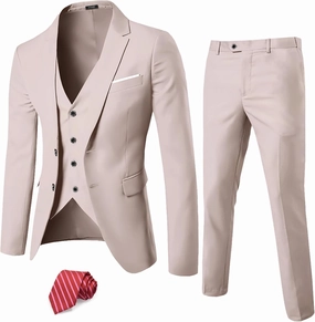 YND Men's Slim Fit 2 Button 3 Piece Suit Set, Solid Blazer Jacket Vest Pants & Tie