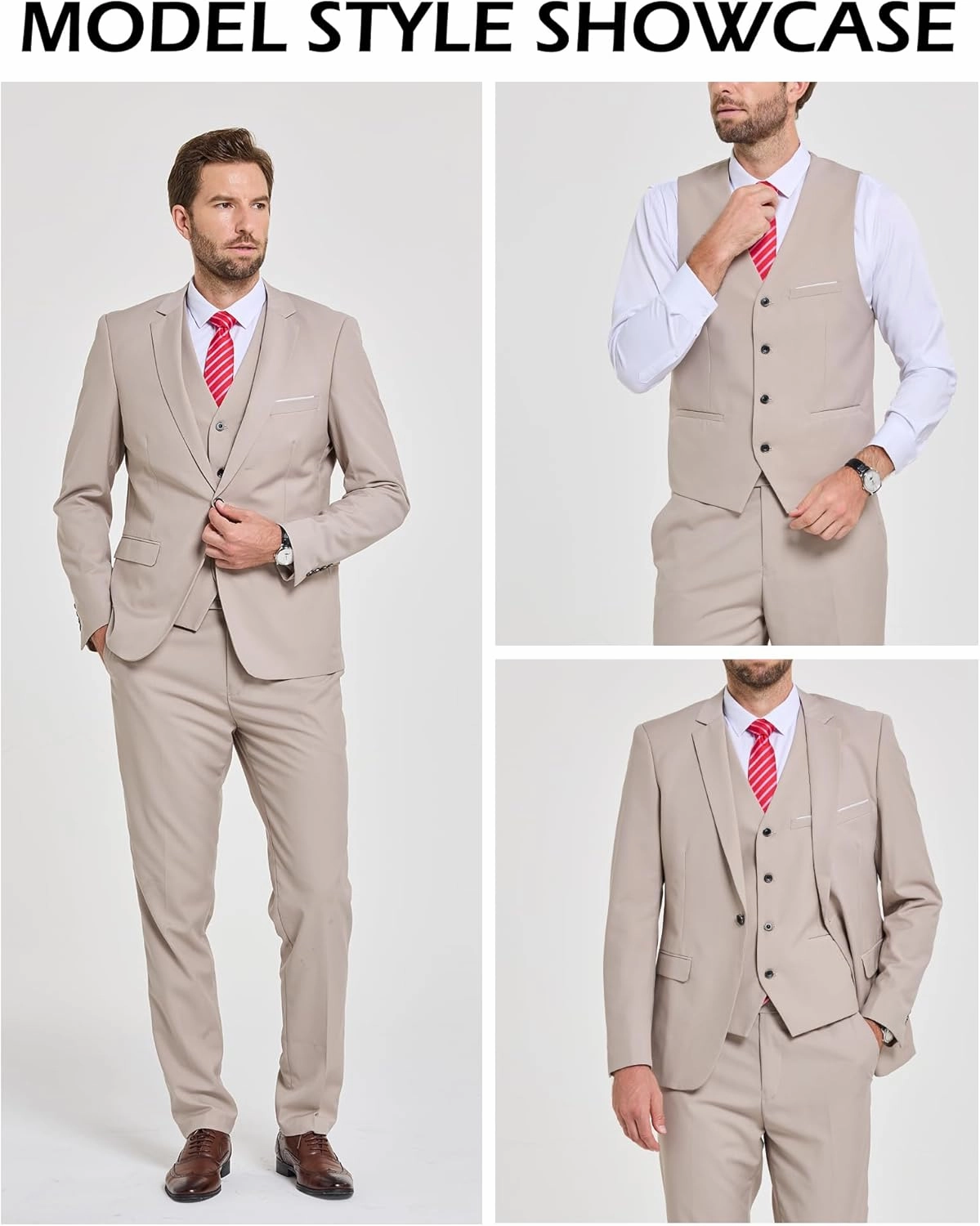 YND Men's Slim Fit 3 Piece Suit with Stretch Fabric, One Button Solid Blazer Vest Pants, Party Wedding Dress with Tie