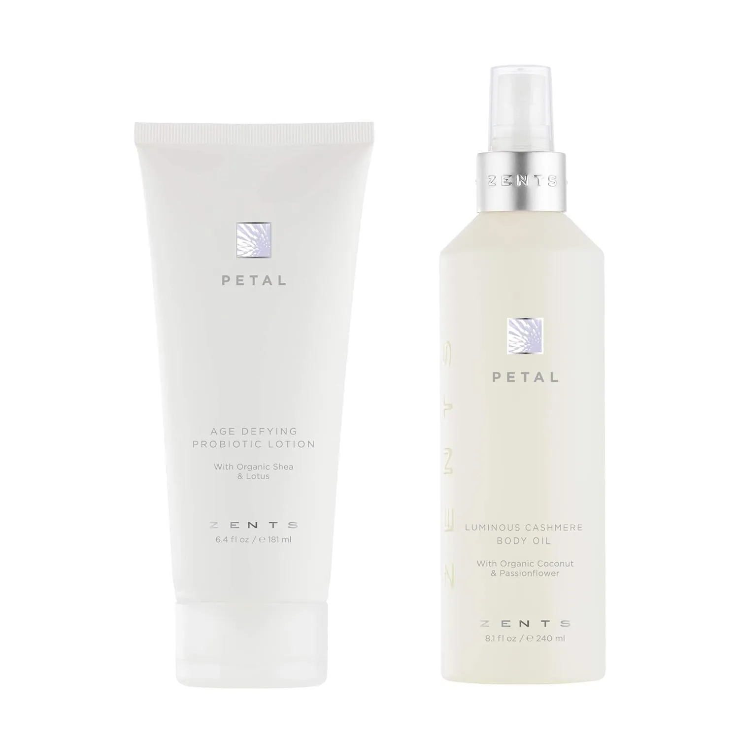 Zents Body Lotion and Cashmere Oil Set (Petal), Anti-Aging Probiotic Lotion, Soften and Moisturize Skin with Organic Coconut Oil, Moisturize and Nourish Dry Skin, Powerful Healing Duo