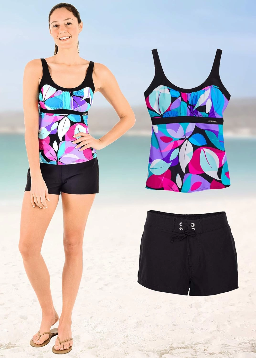 ZeroXposur Womens Tankini Bathing Suits Set with Solid Board Short – Modest Swimsuits for Women