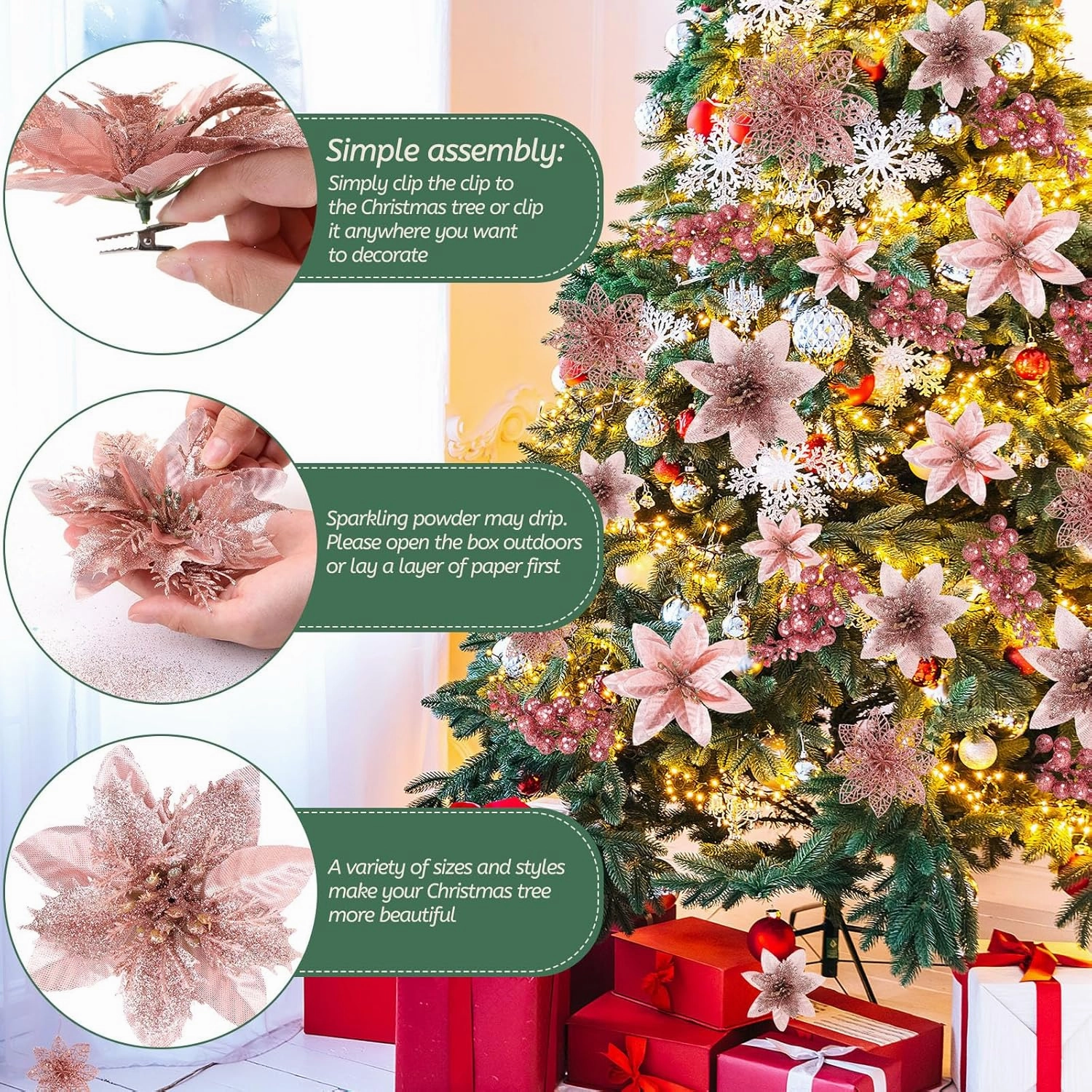 Zeyune 48 Pcs 3 Styles Christmas Glitter Poinsettia Flowers Artificial Berry Picks Artificial Christmas Flowers with Clips for Xmas Tree Wedding Wreath Holiday Party Decorations(Rose Gold)