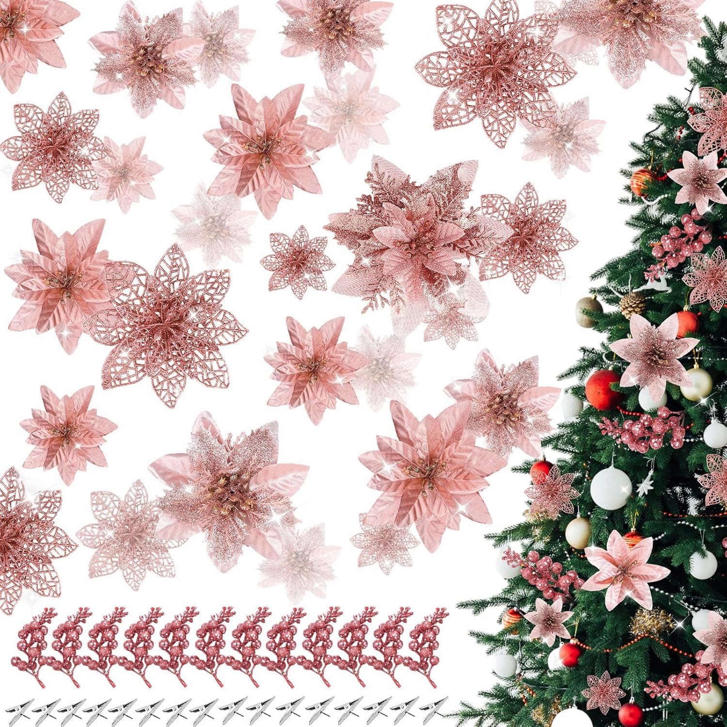 Zeyune 48 Pcs 3 Styles Christmas Glitter Poinsettia Flowers Artificial Berry Picks Artificial Christmas Flowers with Clips for Xmas Tree Wedding Wreath Holiday Party Decorations(Rose Gold)