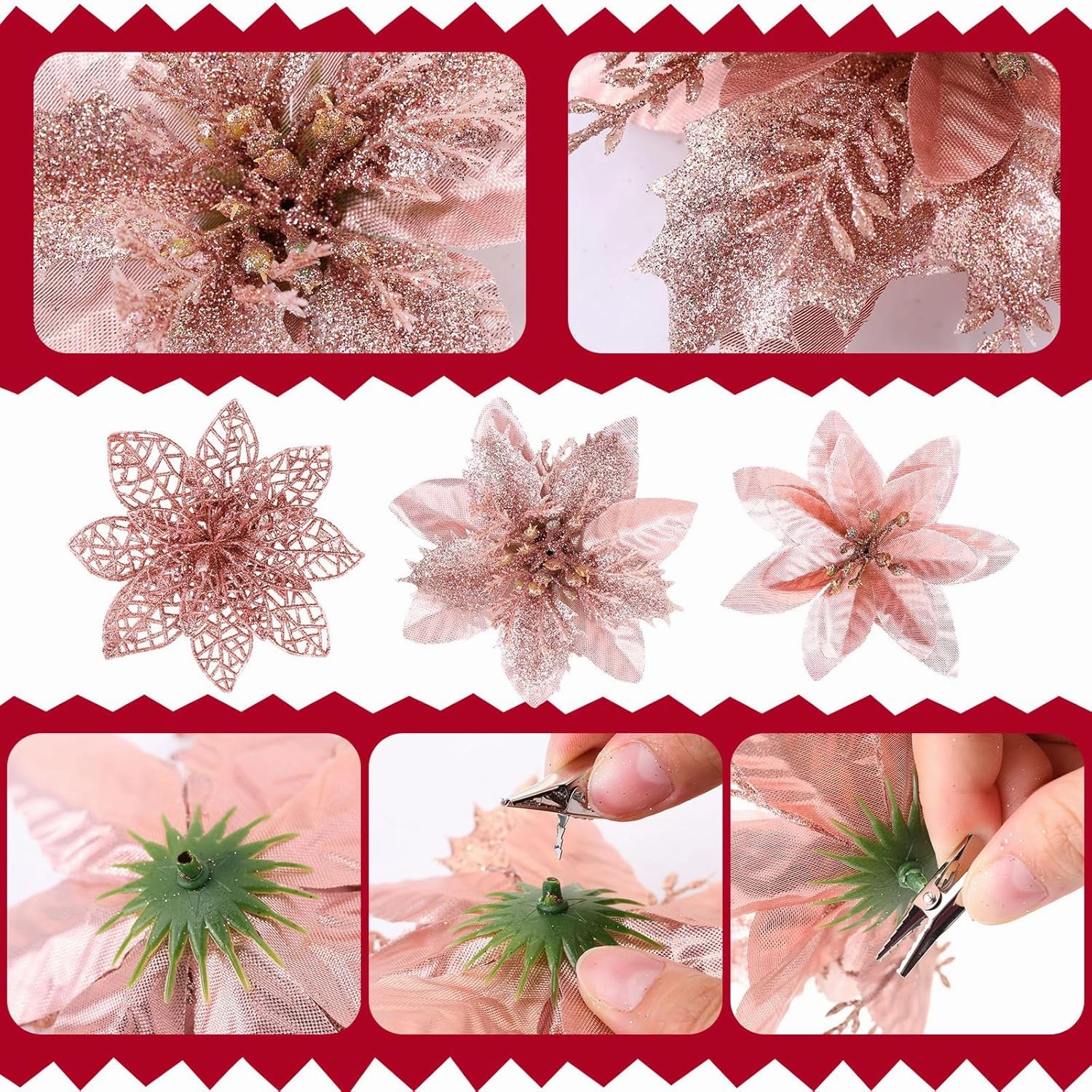 Zeyune 48 Pcs 3 Styles Christmas Glitter Poinsettia Flowers Artificial Berry Picks Artificial Christmas Flowers with Clips for Xmas Tree Wedding Wreath Holiday Party Decorations(Rose Gold)