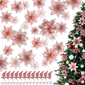 Zeyune 48 Pcs 3 Styles Christmas Glitter Poinsettia Flowers Artificial Berry Picks Artificial Christmas Flowers with Clips for Xmas Tree Wedding Wreath Holiday Party Decorations(Rose Gold)