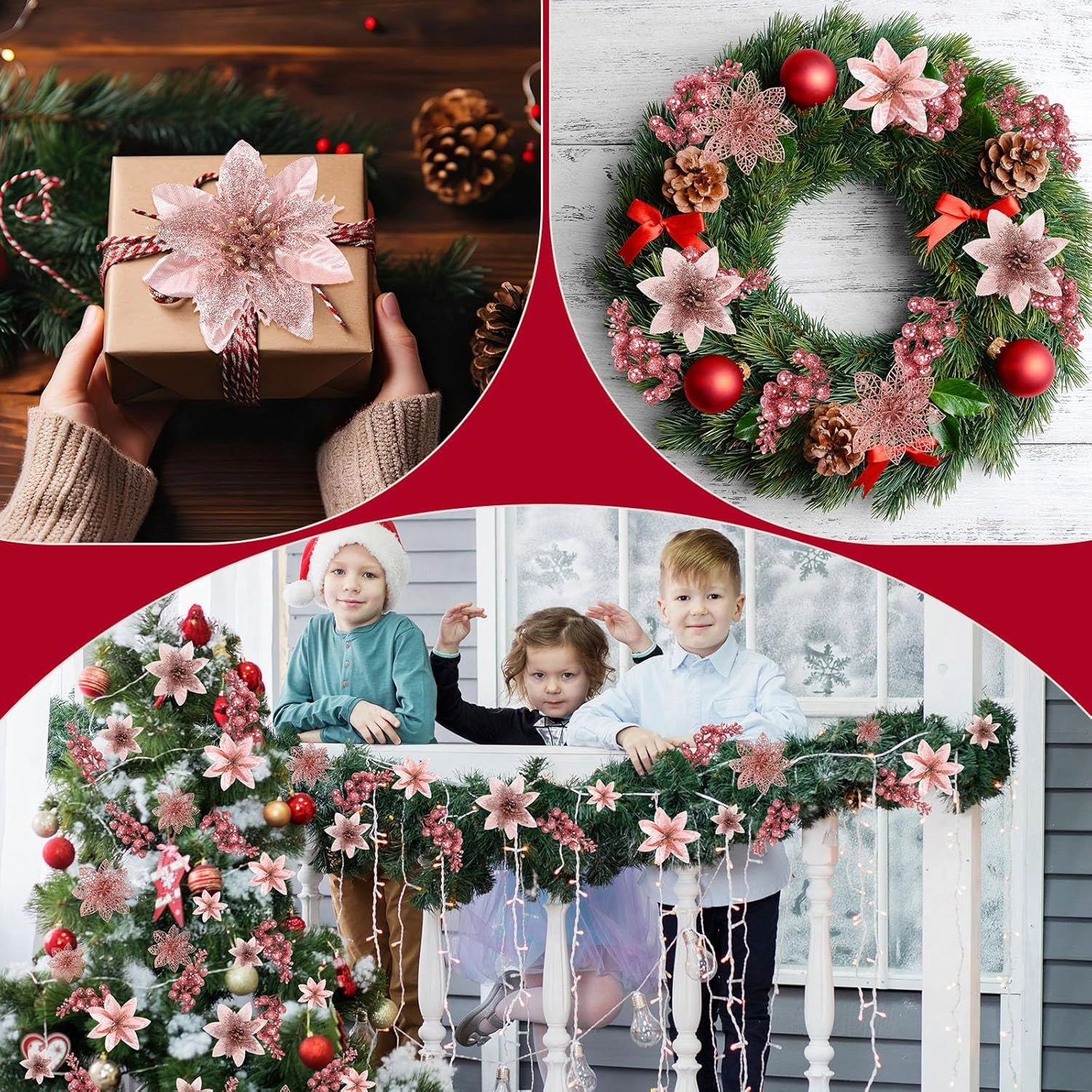Zeyune 48 Pcs 3 Styles Christmas Glitter Poinsettia Flowers Artificial Berry Picks Artificial Christmas Flowers with Clips for Xmas Tree Wedding Wreath Holiday Party Decorations(Rose Gold)